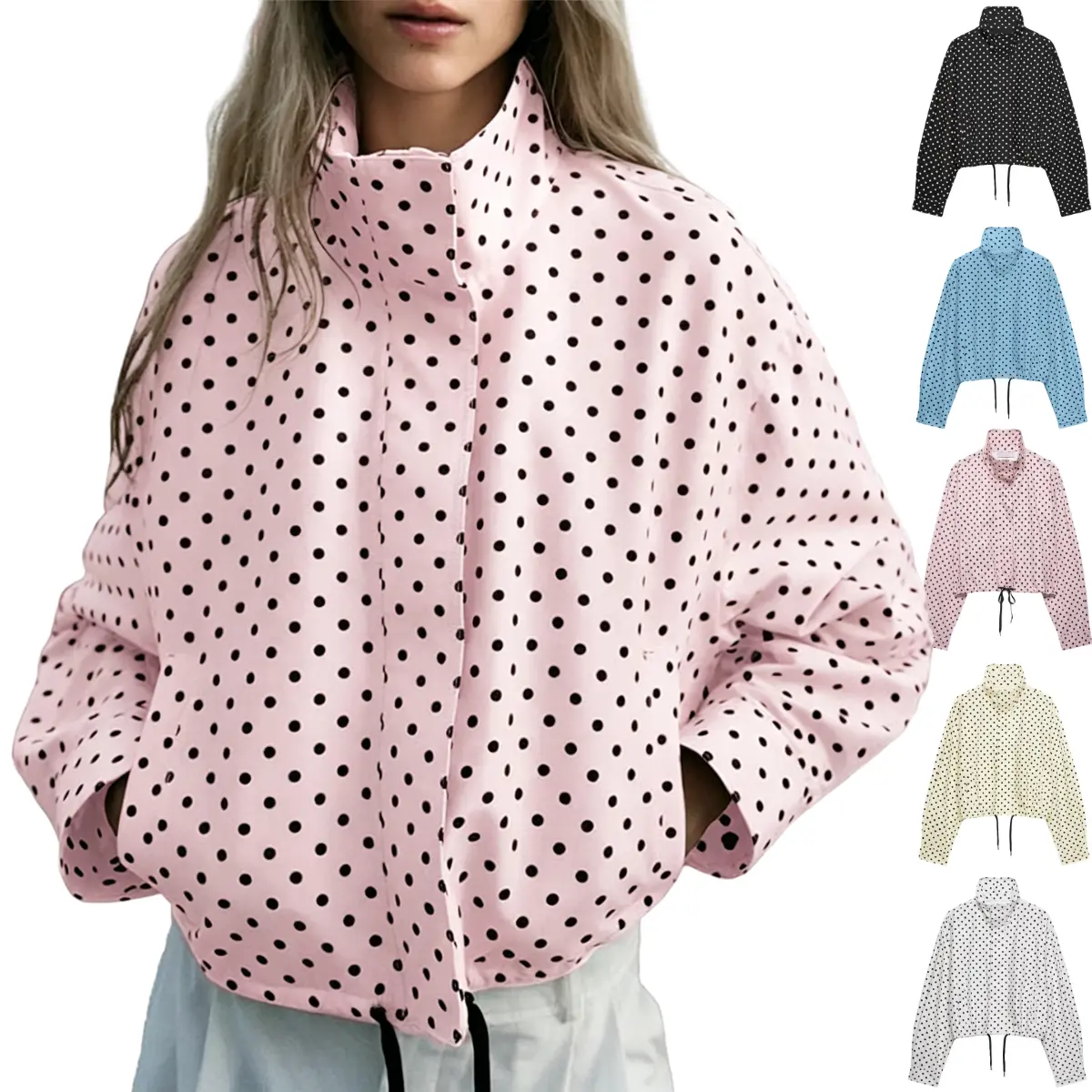 SCUSTY Women Stand Collar Polka Dot Zip Up Jacket Casual Lightweight Pocketed Cropped Coat 2026 Trendy Fall Outfits