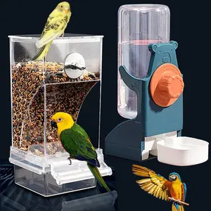 No Mess Bird Feeder Water Dispenser Set, Automatic Parrot Feeder Cage Accessories, Clear Parakeet Seed Container  Drinker for Cage, Cockatiel Finch Lovebirds Budgies Canary (Blue)