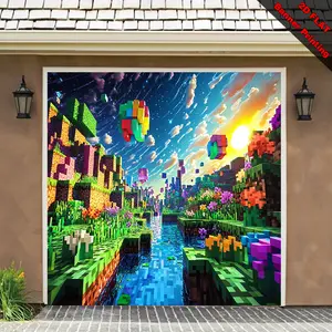 2D flat banner, 1pc MinecraftPixelatedLandscape Theme -Party photography backdrop - Large hanging fabric, style banner, polyester material, high-quality printing, suitable for birthday parties, events, festivals, gatherings, et