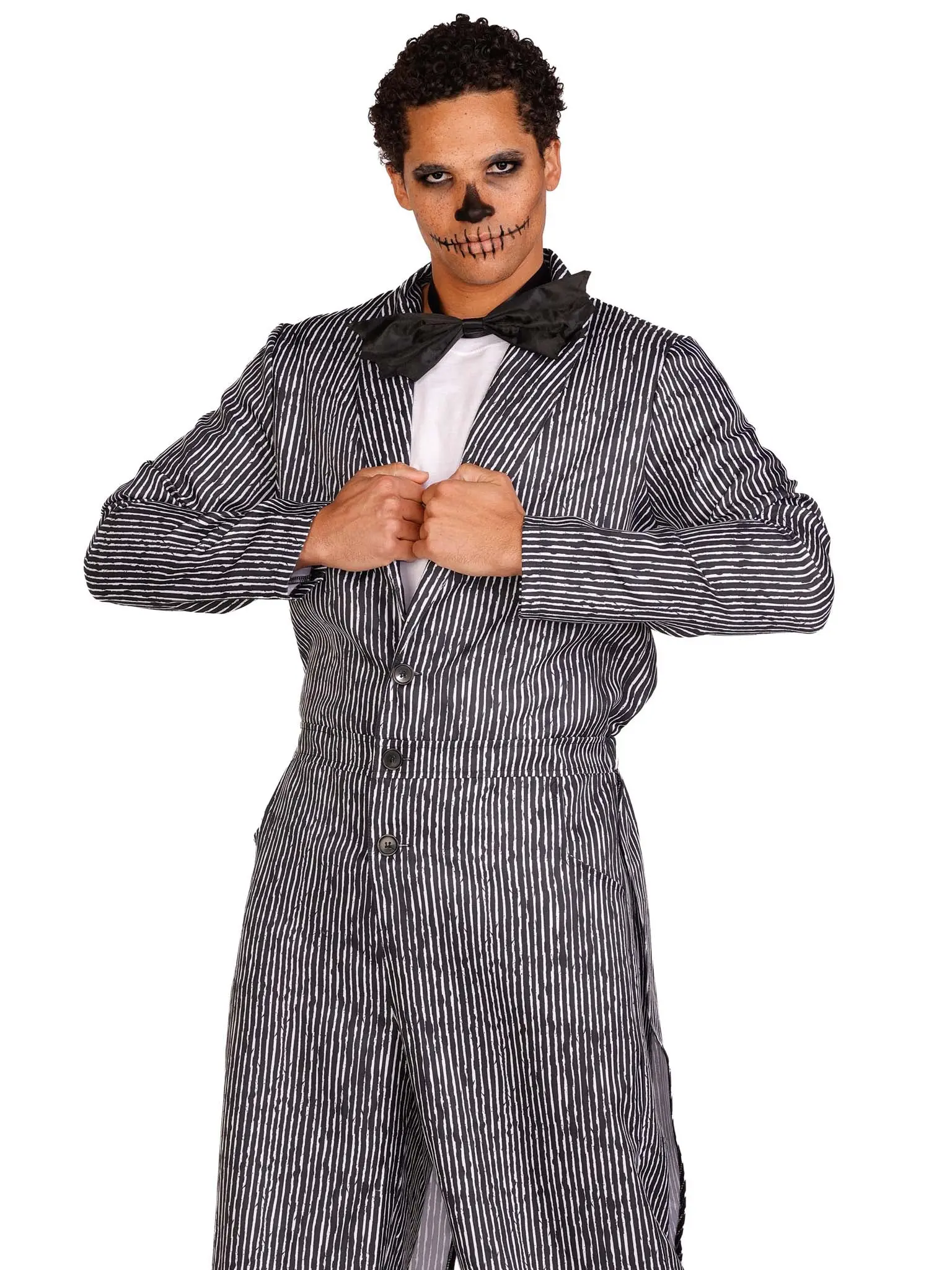 Men's Classic Pinstriped Tuxedo Jumpsuit Costume - 2-Piece Set with Bow Tie, Step-In, Button Front, Drip-Dry Care, for Parties & Cosplay