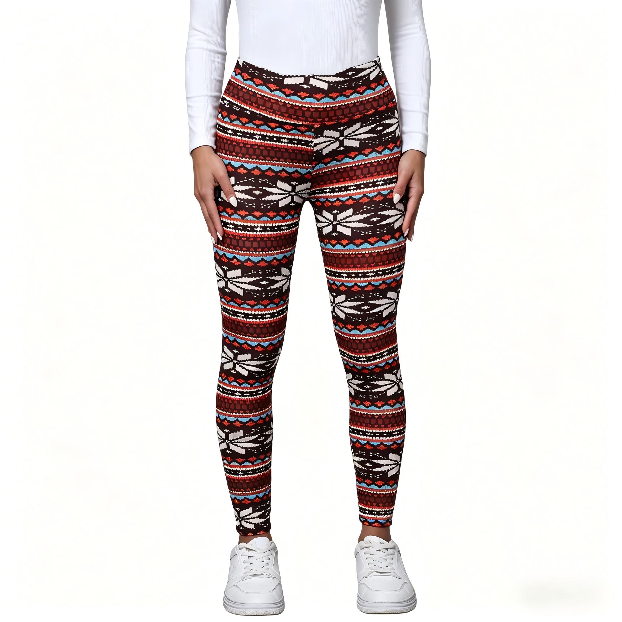 Women's Winter High Waist Plaid Fleece Lined Pants with Snowflake & Reindeer Pattern Elastic Warm Lamb Velvet Nine-Point Leggings Casual Fashion Fit S-XXL