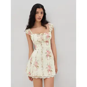 Cider Square Neck Floral Knotted Mini Dress