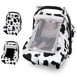 Baby Car Seat Cover, Car Seat Covers for Babies Infant Car Seat Canopy with Breathable Mesh Window Waterproof Carseat Cover for Babies Boy Girl 4 Seasons, White/Cow