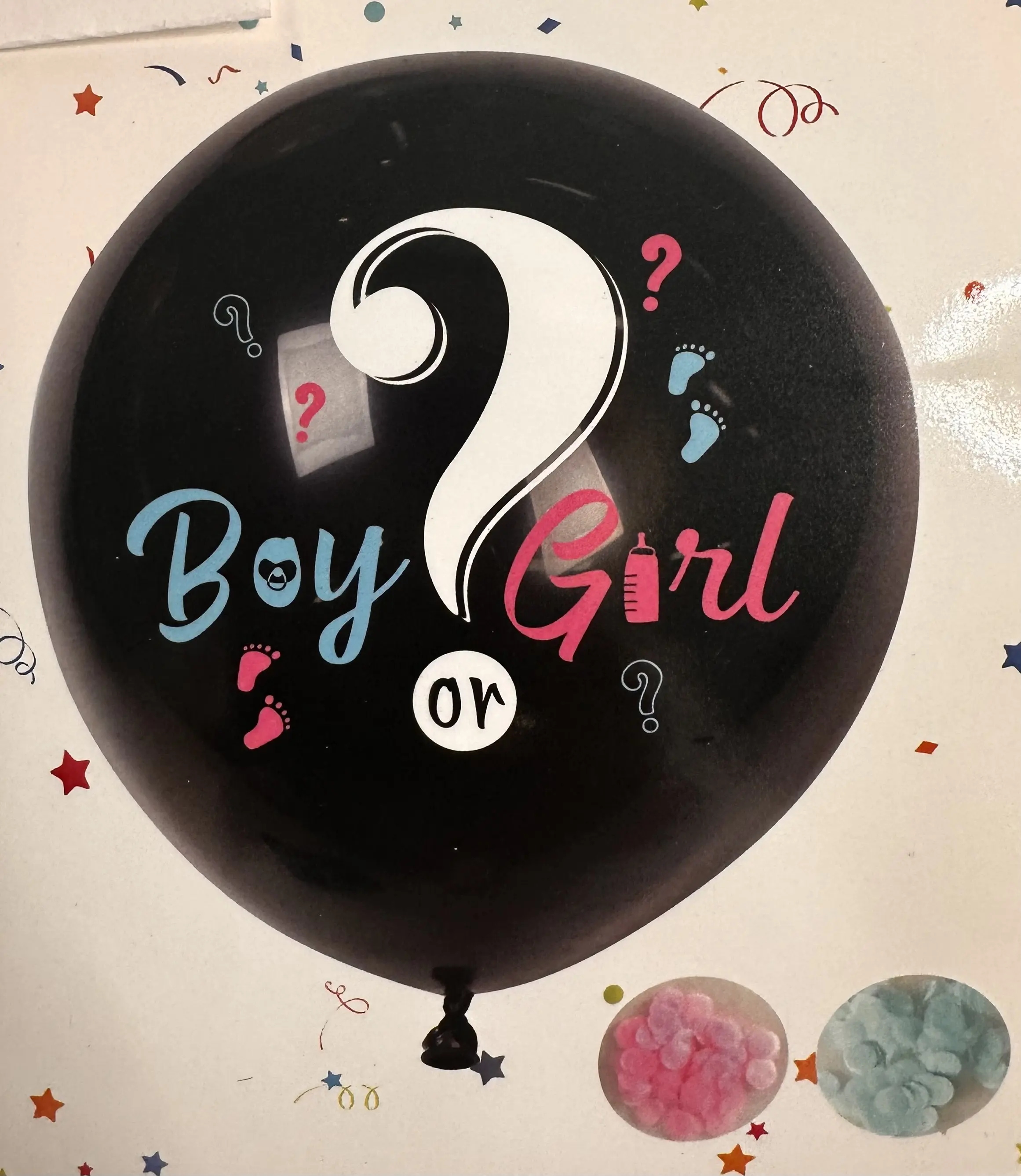 Large Gender Reveal Balloon 36 Inch Black with Pink & Blue Confetti for Baby Shower 1 Pc
