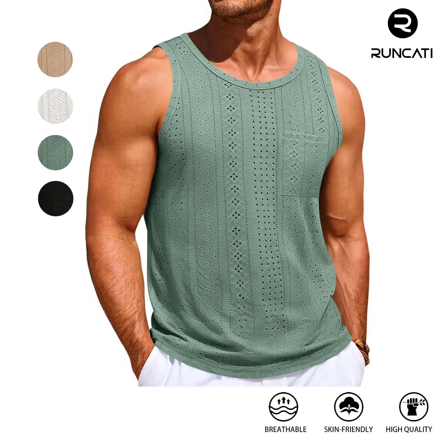 Runcati Mens Tank Tops Casual Sleeveless Hollow Out T-Shirts Muscle Summer Beach Hippie Shirts with Pocket