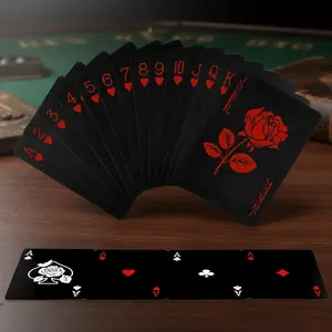 Waterproof Black Playing Cards PVC Plastic Poker Deck with Red Rose Flower Backing Washable Durable Cards for Magic and Parties