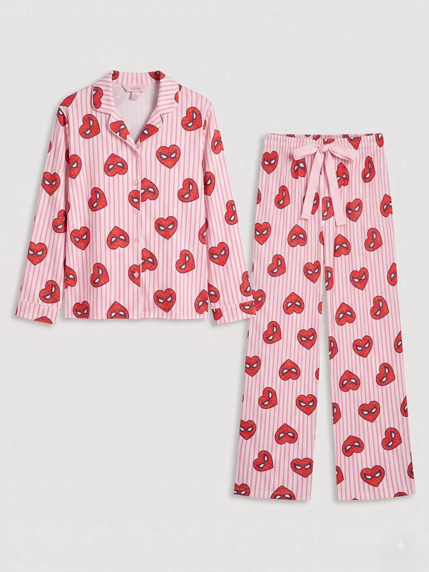 Spider Hearts Inspired Allover Print Sleep Pajama Set, Long Sleeve Button Down Sleepwear, Graphic Lounge Pants, Cozy Comic Style PJs