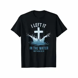 Men's Cotton Christian Baptism T-Shirt - "I Left It in the Water" Matthew 28:19 Cross Design, Casual Crew Neck, Short Sleeve, Black with Blue Print, Lightweight & Breathable for Casual Attire