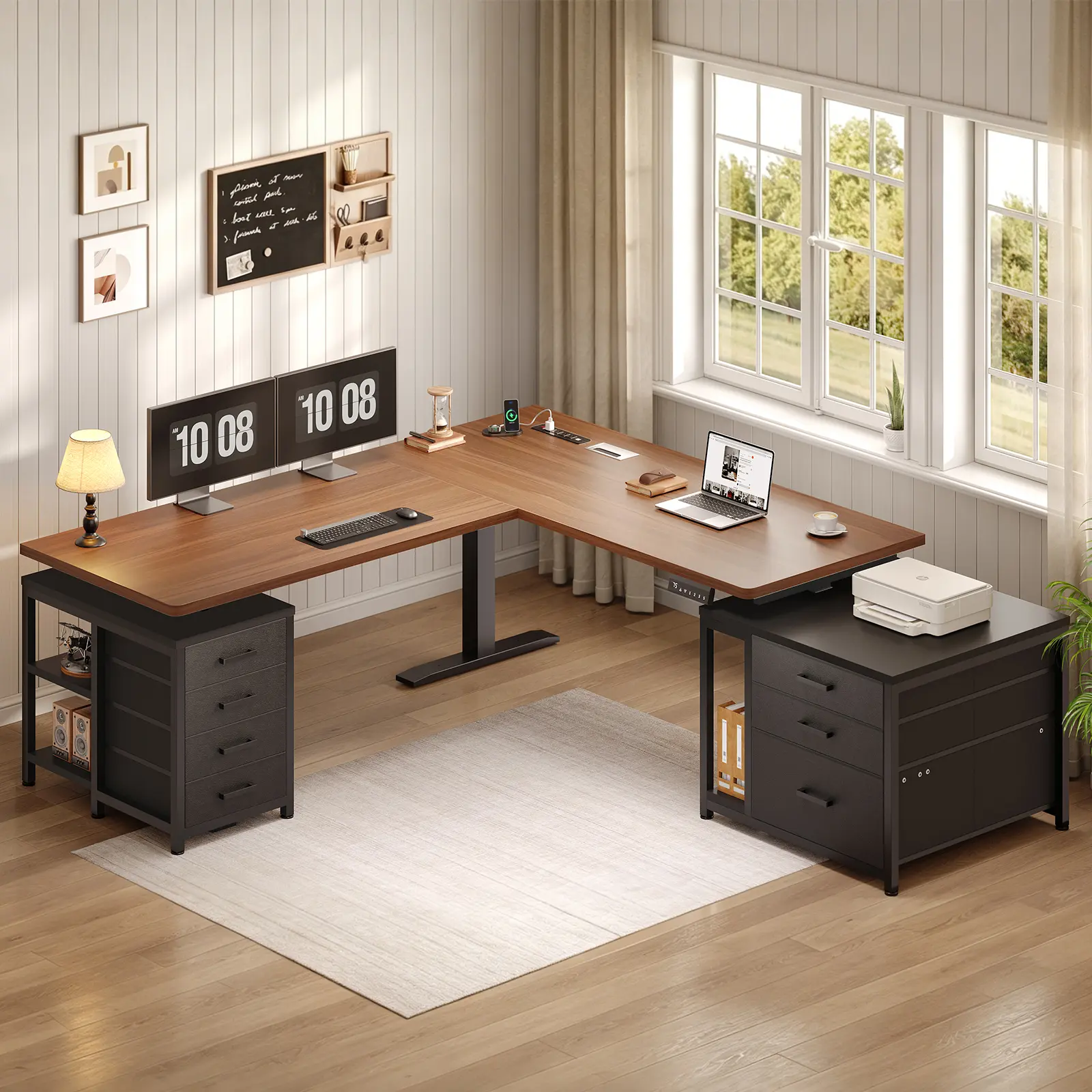 SEDETA L Shaped Electric Standing Desk with 7 Drawers, 63"×55.1" Height Adjustable Stand Up Desk with Power Outlets, 28.3"-47.2" Sit Stand Desk with Storage Shelves, 3 Memory Presets SEDETA L Shaped Electric Standing Desk with 7 Drawers, 63"×55.1" Height Adjustable Stand Up Desk with Power Outlets, 28.3"-47.2" Sit Stand Desk with Storage Shelves, 3 Memory Presets