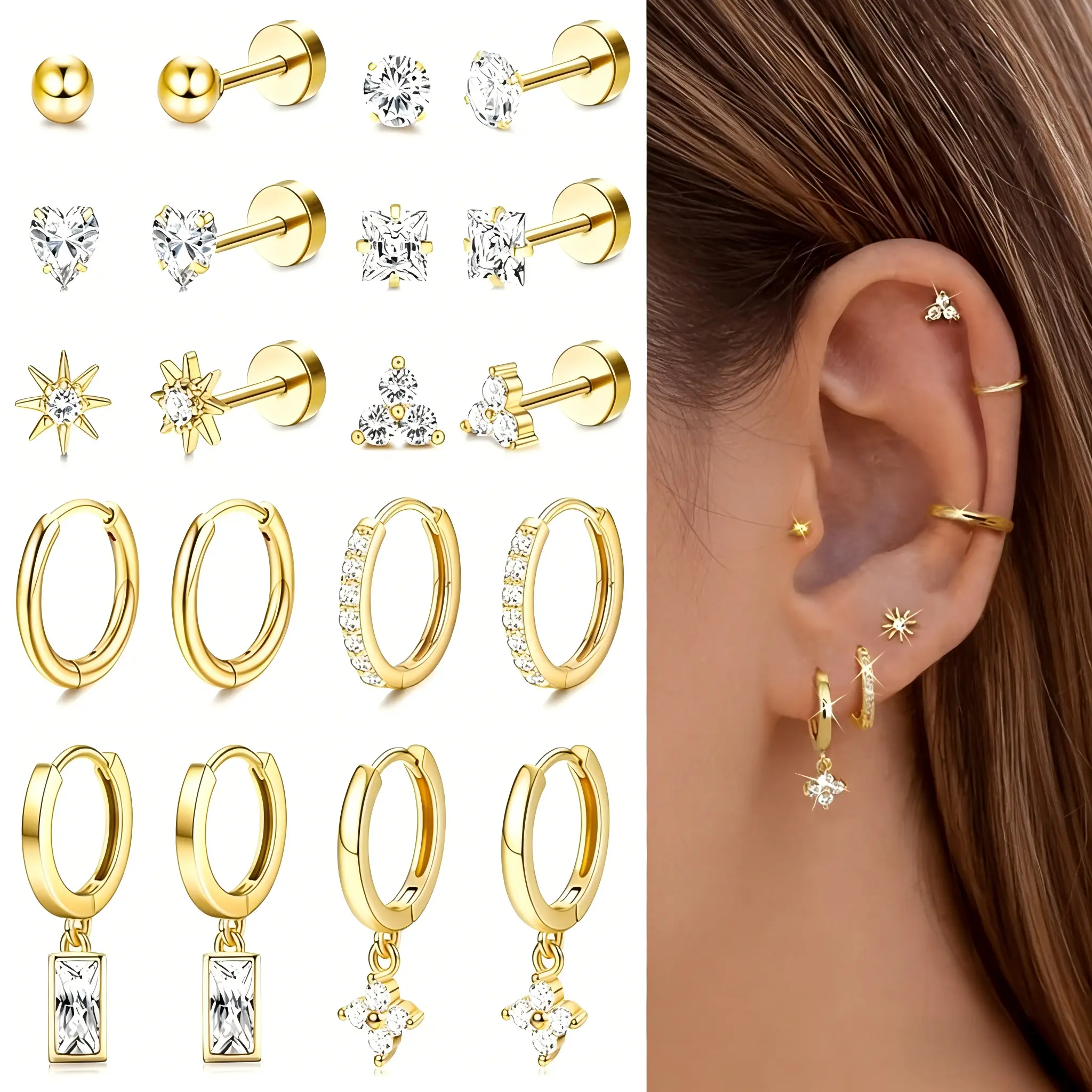 Eternal Time 10-Piece Unisex Titanium Alloy & Hypoallergenic Surgical Steel Nose Piercings Set - Geometric Mesh Earrings, Septum Ring, Cartilage Hoops, Long Threader Heart Pieces, Tarnish-Proof Casual Daily Stack Accessories, Surgical Steel Safe, Ear Body