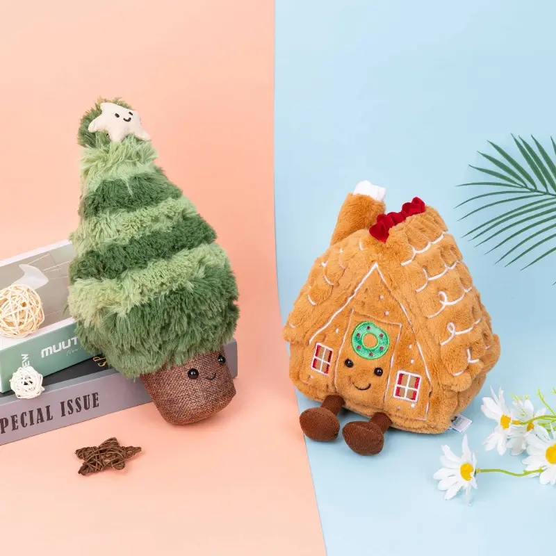 Cute Christmas‑Themed Plush Toy Set, Fluffy Striped Xmas Tree & Gingerbread House Stuffed Dolls, Holiday‑Style Kawaii Plush