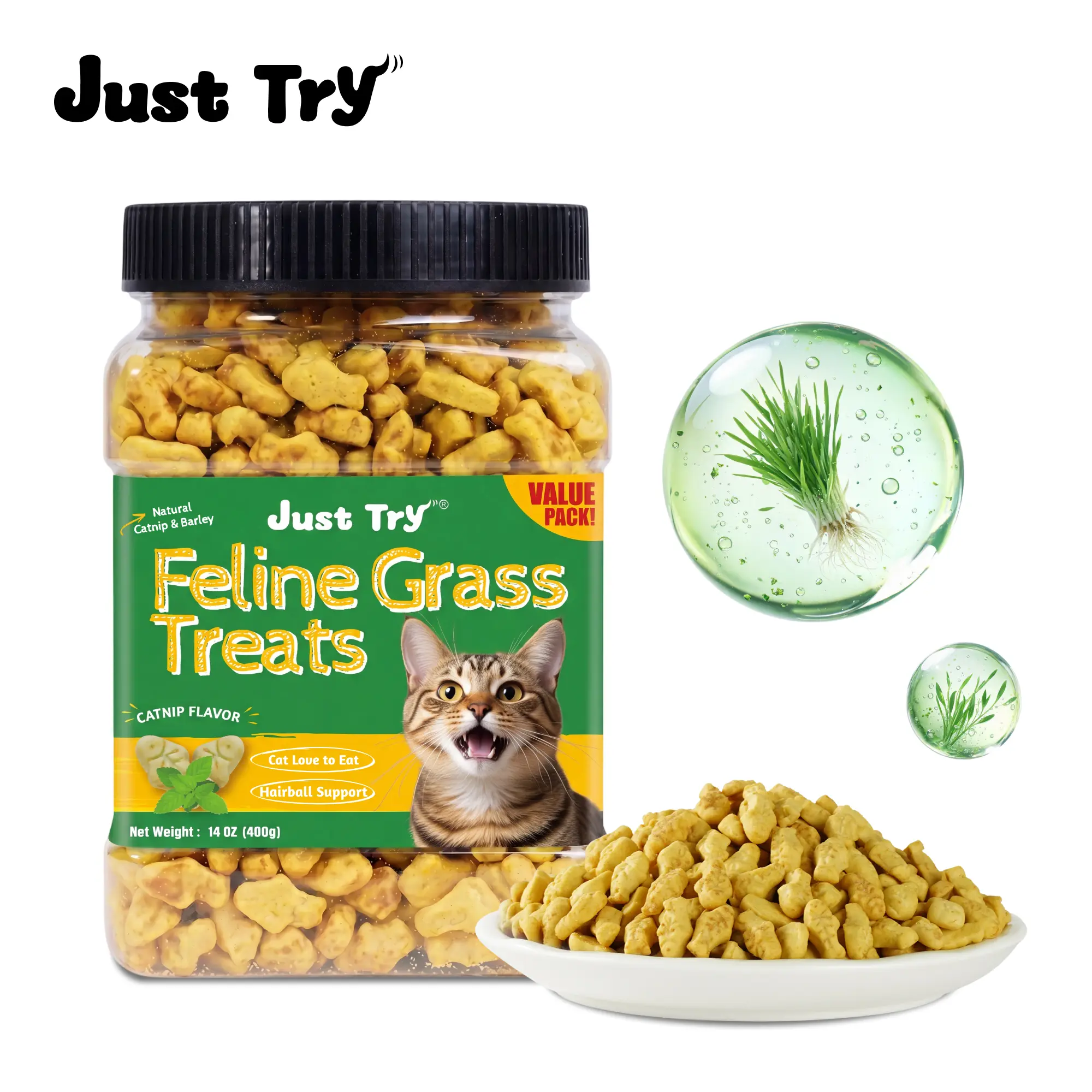 Just Try Cat Treats for Indoor Cats Hairball Control Natural Salmon Healthy Cat Grass Treats Kitten Snacks Training Biscuits Catnip for Cats Dental Care 14.1 OZ