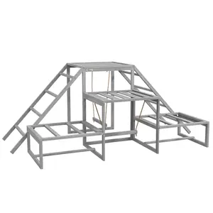 PawHut Chicken Perch for Coop with Swing Set, Chicken Toys, Chicken Coop Accessories for Poultry Run with Wood Stand, Ladder, Platforms, for 10-15 Chickens, Gray