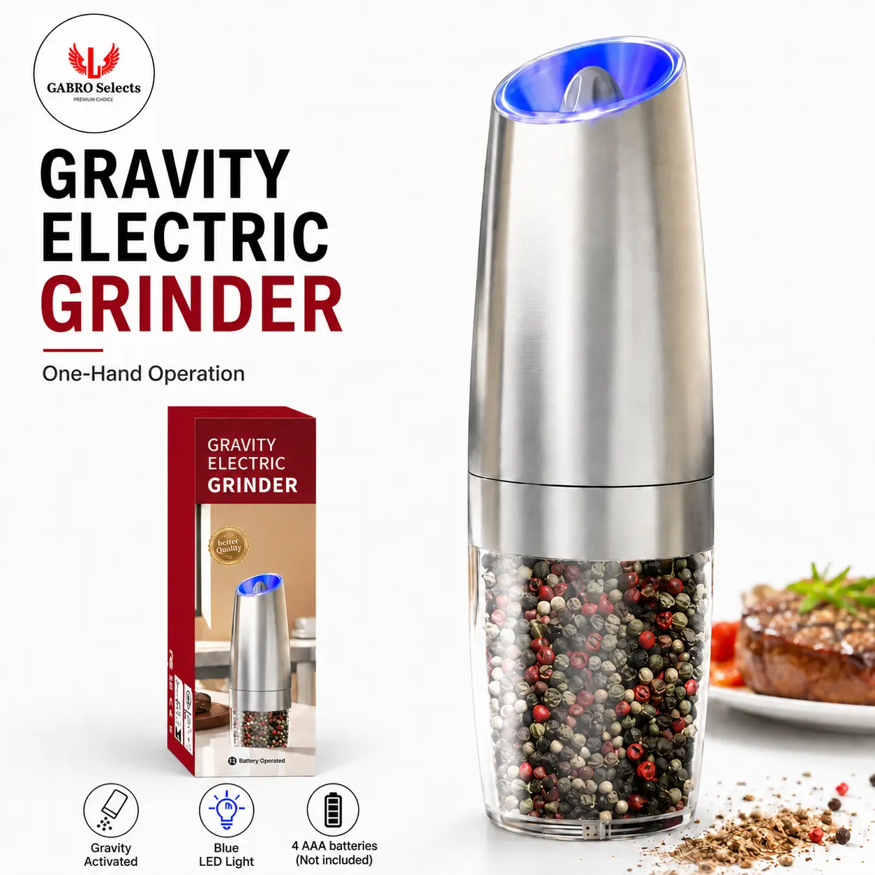 automatic salt Stainless Steel Electric Salt & Pepper Grinder Set, Battery-Powered, Adjustable Coarseness, 1-Handed Operation Kitchen Tool with LED Lights for Cooking, BBQ, Gift Ideas