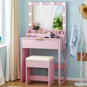Ktaxon Fluted Makeup Vanity Desk with Mirror & Lights & Power Outlet, Pink Modern Dressing Table Set Charging Station for Bedroom, w/ 1 Drawers & 3 Grids