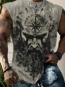 Men's Sleeveless Vest with Mustache and Compass Pattern Print, Breathable Casual Top, Fitted All Seasons Wear, Comfortable Daily Use, Workout Tank Tops