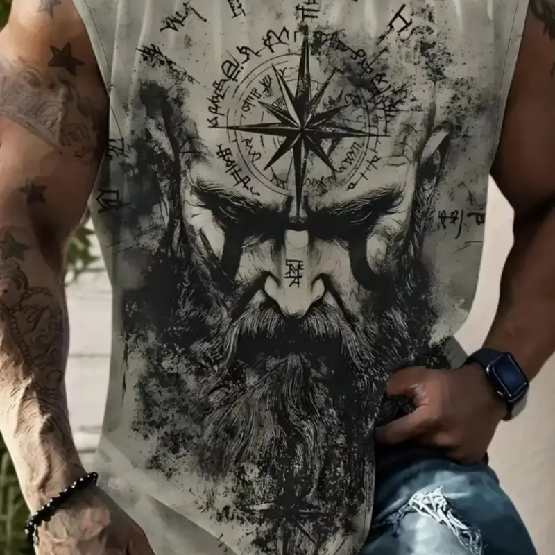 Men's Sleeveless Vest with Mustache and Compass Pattern Print, Casual Slim-Fit Sleeveless Top, Breathable, Fitted All Seasons Wear, Comfortable Daily Use, Workout Tank Tops, Breathable Sleeveless Design, Summer Tank Top