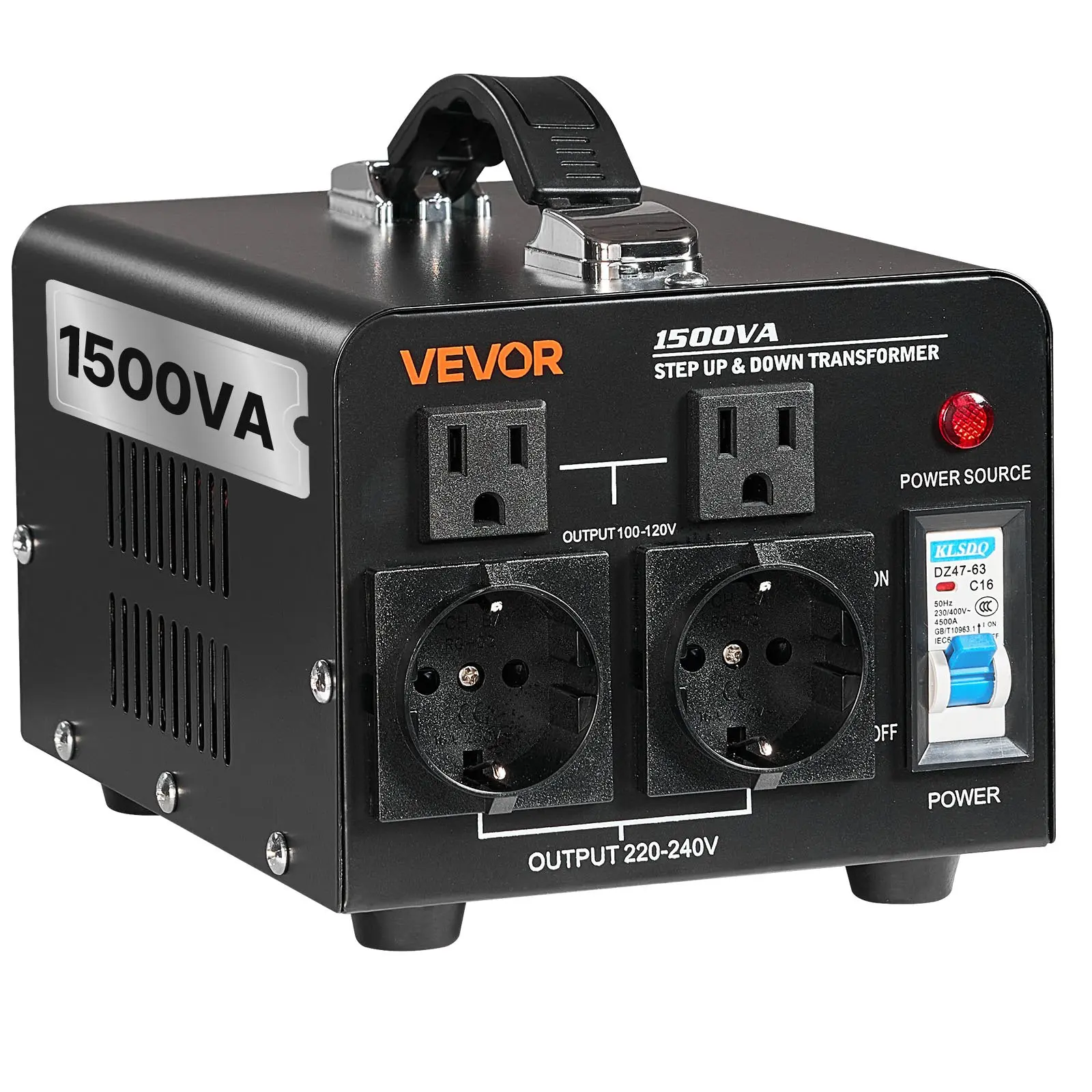 VEVOR 1500VA Rating Heavy Duty Voltage Converter Transformer - Compact Travel Ready AC Power Supply with Advanced Step-Up/Down Tech, Durable Metal Housing, Efficient Quiet Operation, US/EU Outlets, Power Cord, Circuit Breaker Protection, Dual Outlets