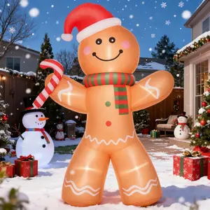 8FT Christmas Inflatable Gingerbread Man with Candy Cane, Outdoor Blow-Up Yard Decoration with Built-in LED Lights, Waterproof Polyester Holiday Display