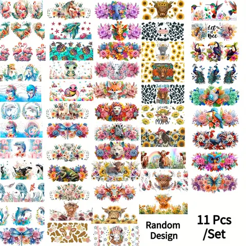 11 Piece Random Pattern 3D UV DTF 16oz Cup Stickers Transfer Pack, Suitable for Mugs Bottles Glass Cups, New Year Thanksgiving Decorations, Decorative Stickers Crafts