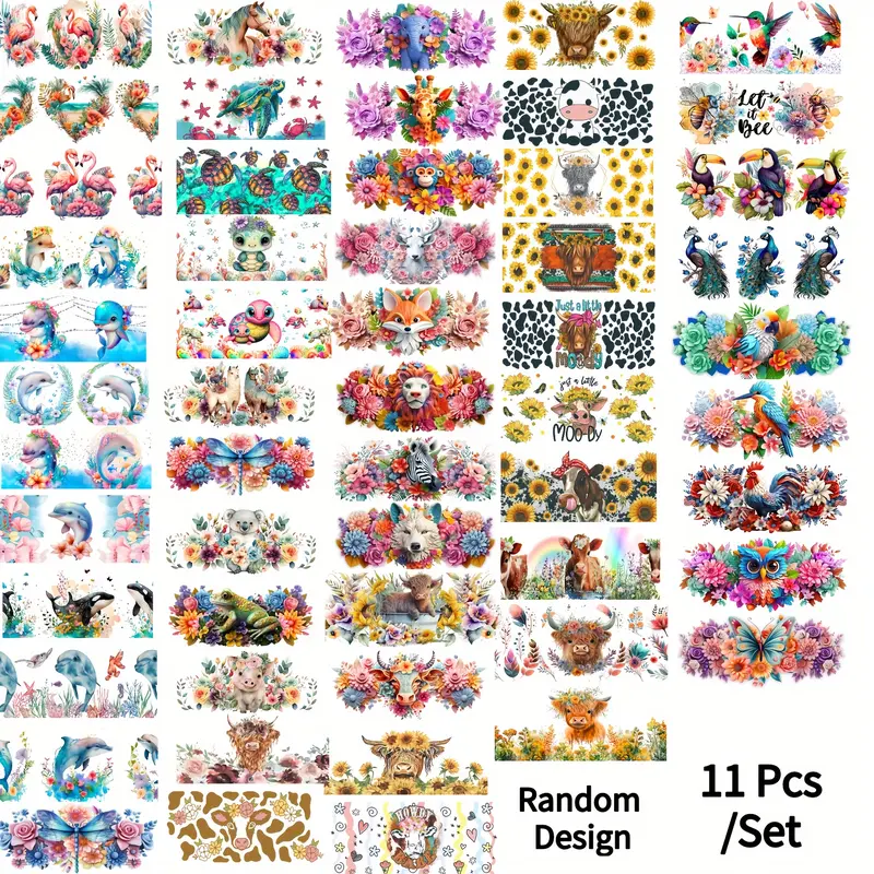 11 Piece Random Pattern 3D UV DTF 16oz Cup Stickers Transfer Pack, Suitable for Mugs Bottles Glass Cups, New Year Thanksgiving Decorations, Decorative Stickers Crafts