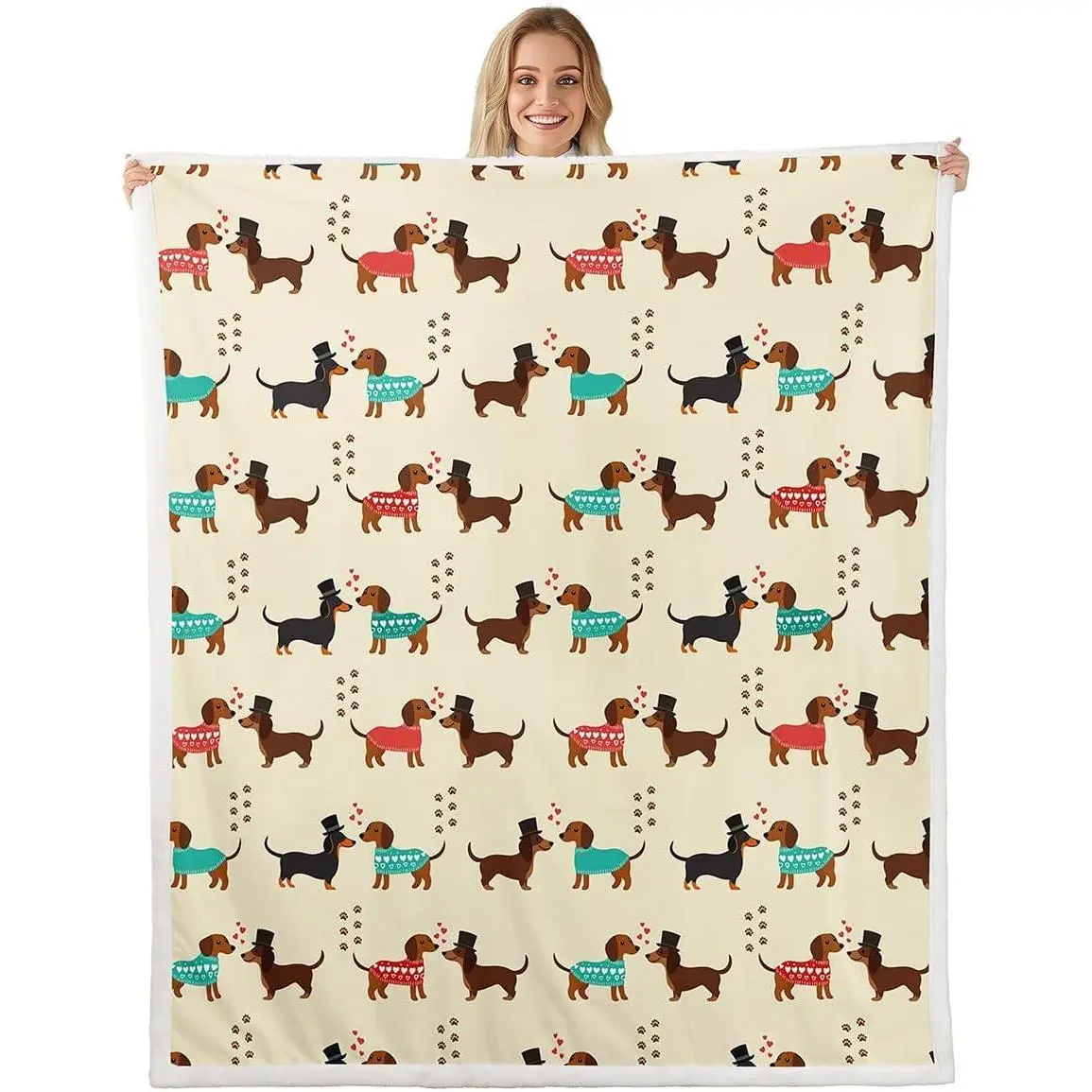 Dachshund Fleece Blanket for Lovers Valentines Day Gifts Cute Sausage Dog Sherpa Blanket Brown Dog Paw Print Blanket Baby Kawaii Couple Puppy Throw Blanket for Sofa Pet Animal Theme Blanket