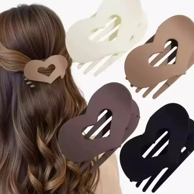 Women's 4-Piece Large Heart Cutout Flat Claw Clip Set - Cute Hair Accessories, Subtle Matte Neutral Design, Secure Hold for Thick & Thin Hair, Casual Any Occasion Comfortable Use Clips