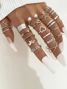 Women's Elegant Vintage Trendy Faux Pearls & Zinc Alloy Jewelry Cuff Ring with Heart & Butterfly & Twist & Chain Design, Cute Casual Open Adjustable Stacking Ring Set, Heart Shaped Ring