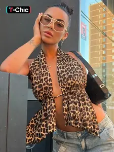 Women's Leopard Print Backless Halter Neck Top, Fashion Casual Asymmetrical Hem Tie Back Top for Daily Outdoor Wear, Women Top Clothes for Summer