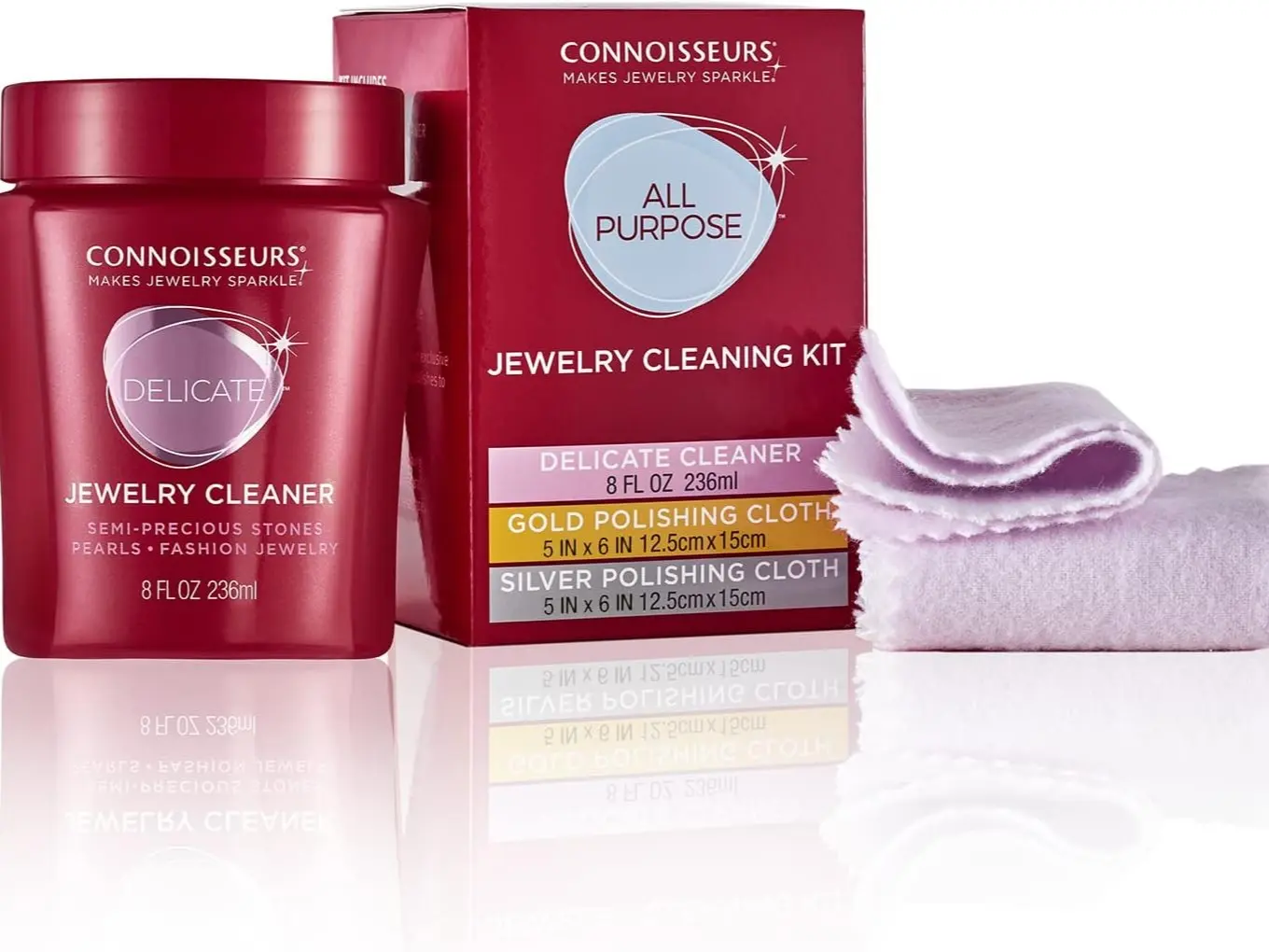 CONNOISSEURS All-Purpose Jewelry Cleaning Kit - Includes Delicate Jewelry Cleaner Solution and 2 Polishing Cloths