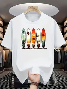 100% Cotton Retro Surf T-Shirt with 5-Panel Vertical Surfboard & Tropical Beach Scenes - Hawaiian Palm Tree Sunset Print, Short Sleeve Casual Summer Shirt for Surfing, Beachwear, Vacation Outfits (Machine Washable)