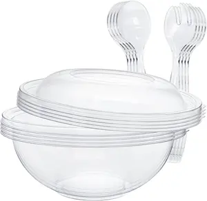 Clear Plastic Serving Salad Bowl Sets 160 Oz 16PCS in 4 SETS Round Large Disposable Bowls with Lids Forks & Spoons Durable Sturdy Stackable for Events