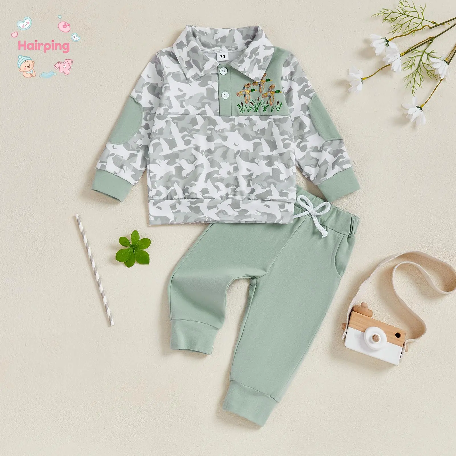 Toddler Baby Boy Camouflage 2-Piece Outfit, Long Sleeve Polo Collar Tracksuit with Embroidery, Soft Cotton Casual Sweatshirt & Pants Set for 0-4T
