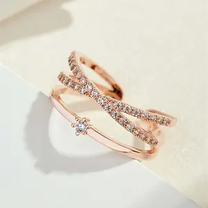 Zircon adjustable opening fashion cross double ring engagement wedding ring unisex couple gift party jewelry