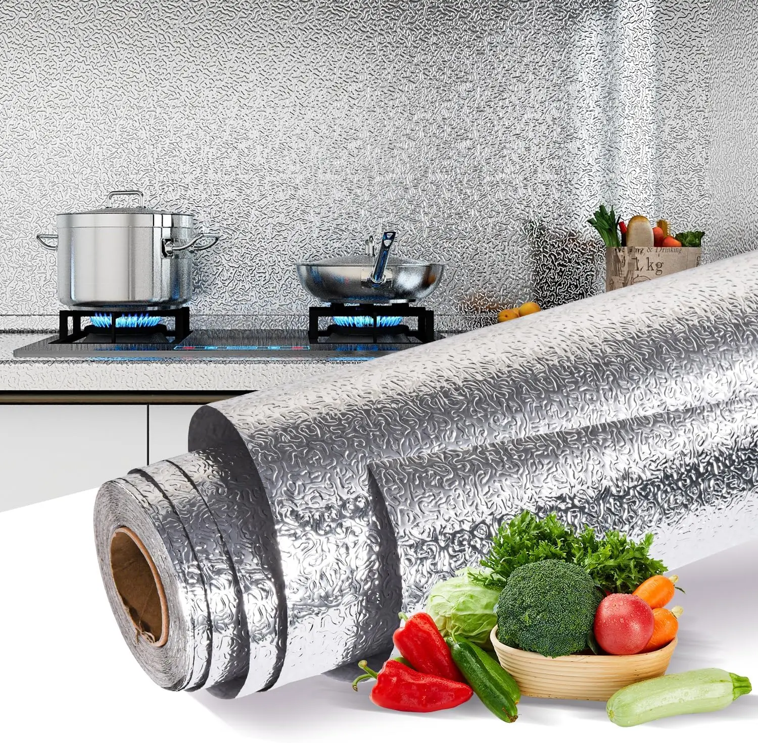 Thickened Aluminum Foil Kitchen Oil-Proof Sticker, Heat-Resistant Waterproof Self-Adhesive Wall and Cabinet Paper