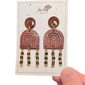 Studs Dangles earrings, Brown and Copper Colors Polymer Clay Arc Shape Rainbow Design with Beads dangles.