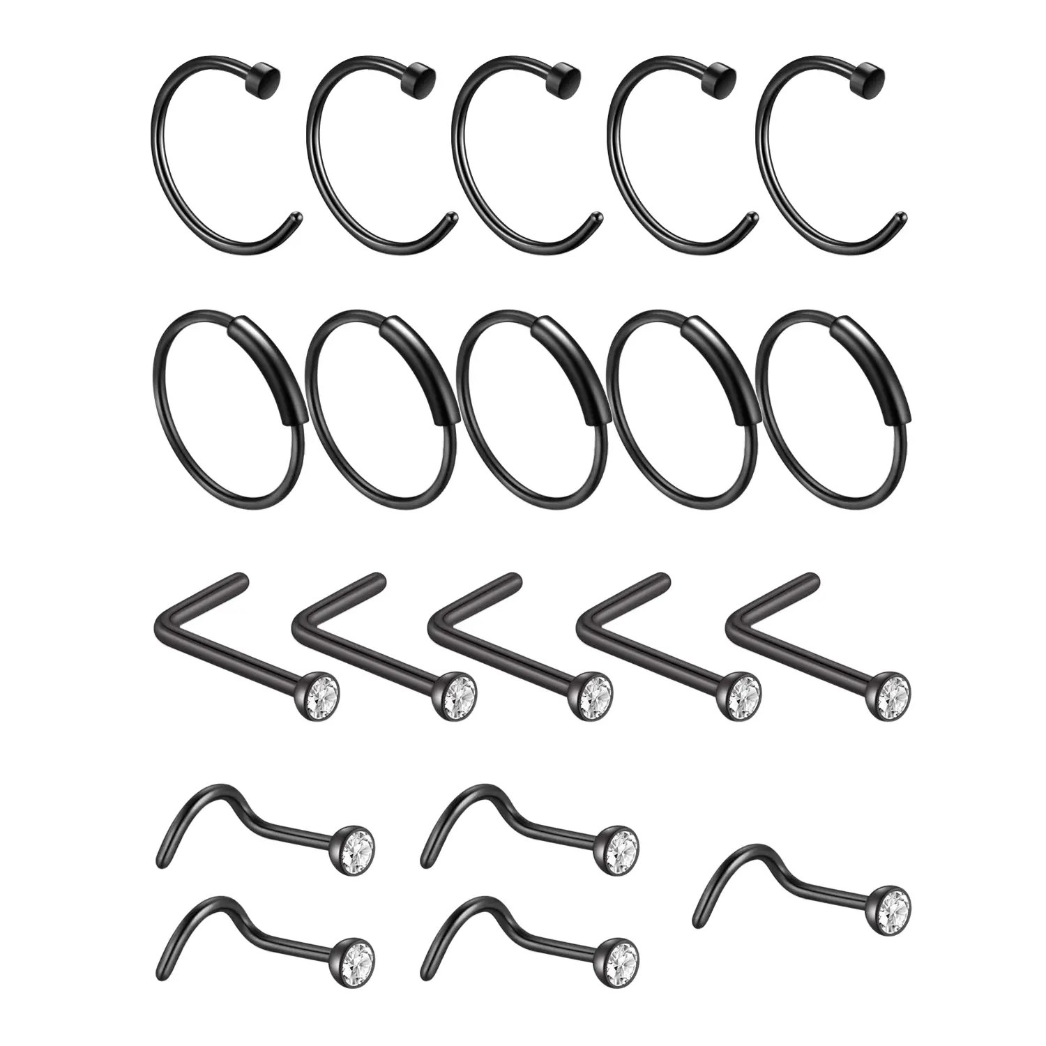 OIDEA 20-Piece Nasallang Piercing Jewelry Set in Silver, Hypoallergenic 20G 0.8mm Hoop, L-Shape and Screw Nose Rings with 7mm Studs, Rhinestone, Stainless Steel, Cubic Zirconia, Bling Effect, Daily Wear, 7Mm Stud Post