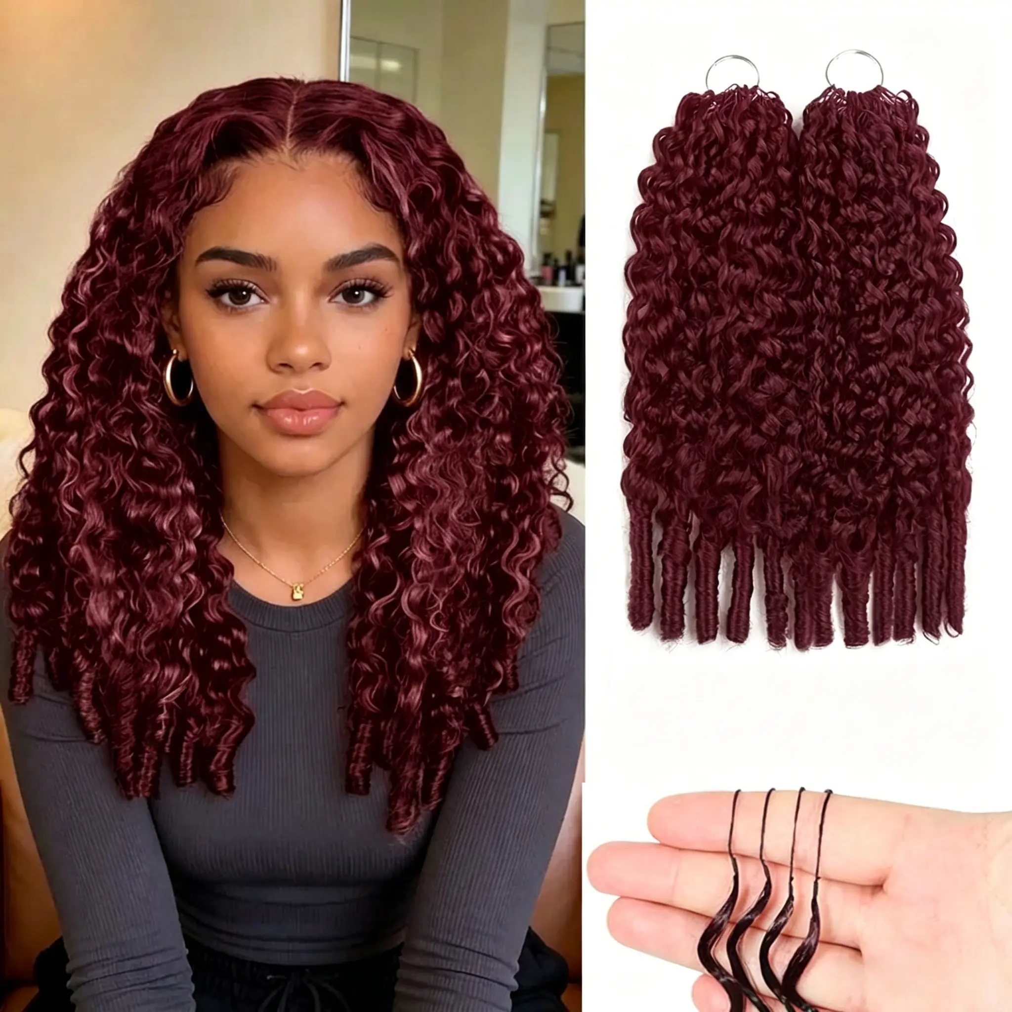 【New Color-99J】BLING HAIR  Burmese Curly 99J Burgundy Color & #33 Reddish Brown & #1B Nature Color  Crochet Human Hair 20 Inch 50g/Pack Pre-Separated Looped Feather Crochet Human Hair Bundles Knotless Invisble Human Crochets Hair Extensions for Women