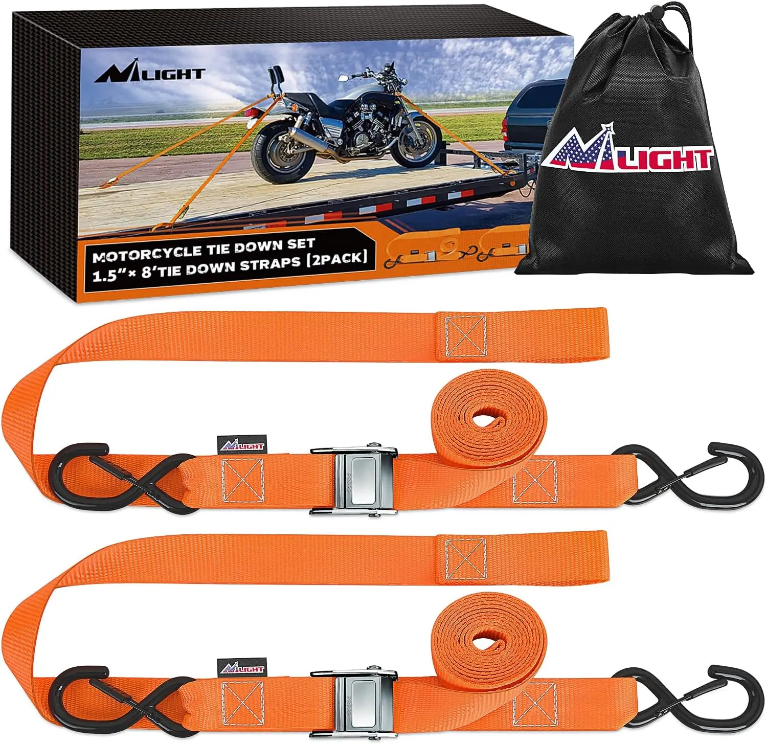 Nilight Motorcycle Tie Down Straps, 1.5"x8' Durable Webbing, Adjustable Cambuckle, Soft Loops, Safety S-Hooks, 3084Lbs High-Strength Break Strength for Securing Dirtbikes, ATVs