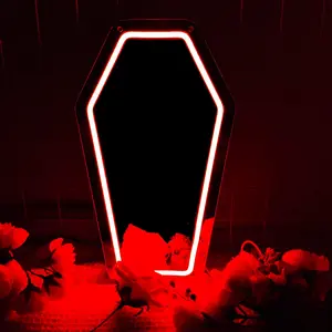 Gothic Coffin Shape Neon Wall Mirror with Lights, USB Powered, Glass Surface, Horizontal, Irregular Art Style, Ideal for Dark Art Lovers and Holiday Gifts