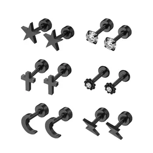 OIDEA 6-Pair 316 Stainless Steel Earring Stacking Set, Flat Back CZ Stud Earrings with Star, Moon, Lightning, Cross, Flower Designs for Cartilage (Black)