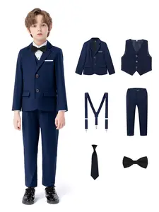 6-piece boys' suit (jacket + vest + pants + braces + bow tie + tie), sizes 100 to 150, formal slim-fitting boys' suit (excluding shirt), boys' gift, toddlers, teenagers, children, young adults, weddings, graduation ceremonies, church, Blazer, Classic Sets