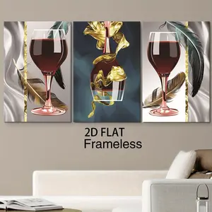 3pcs/set Unframed Canvas printing, Triple Canvas Painting, wine-themed design; high-end wine glass with feather decoration poster, suitable for living room and bedroom; fashionable home art wall decoration
