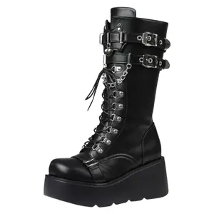 Women's Black Platform Boots Combat Goth Chunky Wedge Heel Lace Up Mid Calf Punk Motorcycle Shoes for Everyday Wear