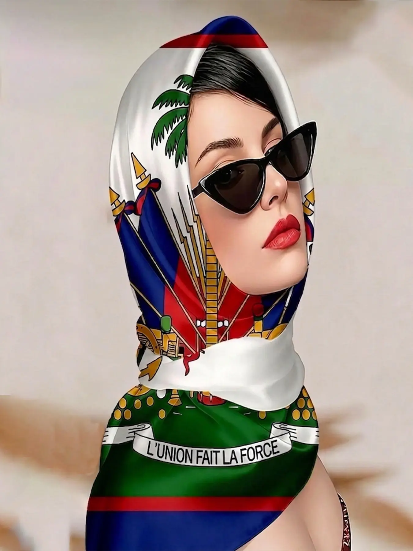 A versatile scarf head wrap for hair, detailed Haiti flag-inspired design with stripes and palm tree, multi-use for hair styling, perfect for Haitian cultural gifting, Shawl Wrap, Versatile Headscarf