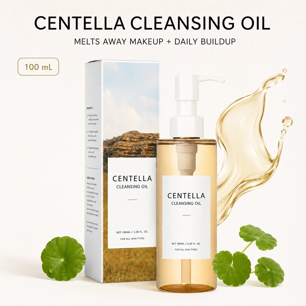 Centella Asiatica Cleansing Oil – Hydrating Facial Cleanser & Waterproof Makeup Remover, Gentle Pore Care Formula for Sensitive Skin, Plant-Based Moisturizing Face Wash, Daily Skin Care, Vegan Cosmetic