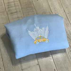 NYC Embroidered Sweatshirt, New York City Skyline Crewneck with Taxi, Vintage Travel Sweater