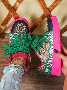 Women's Fashion Colorblock Leopard Zebra Style Casual Sneakers, Comfortable Low Top Height Skate Shoes, Perfect Party, Christmas Gift, Outdoor Activities, Versatile Use, Colorblock Sneakers