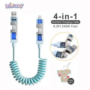WHEAXY 4-in-1 Scented Coiled Charging Cable, 240W Max Fast Charger&Data Sync Cord with Multi Connectors for iPhone/Samsung/Android/MacBook/iPad/Car, 6.3FT