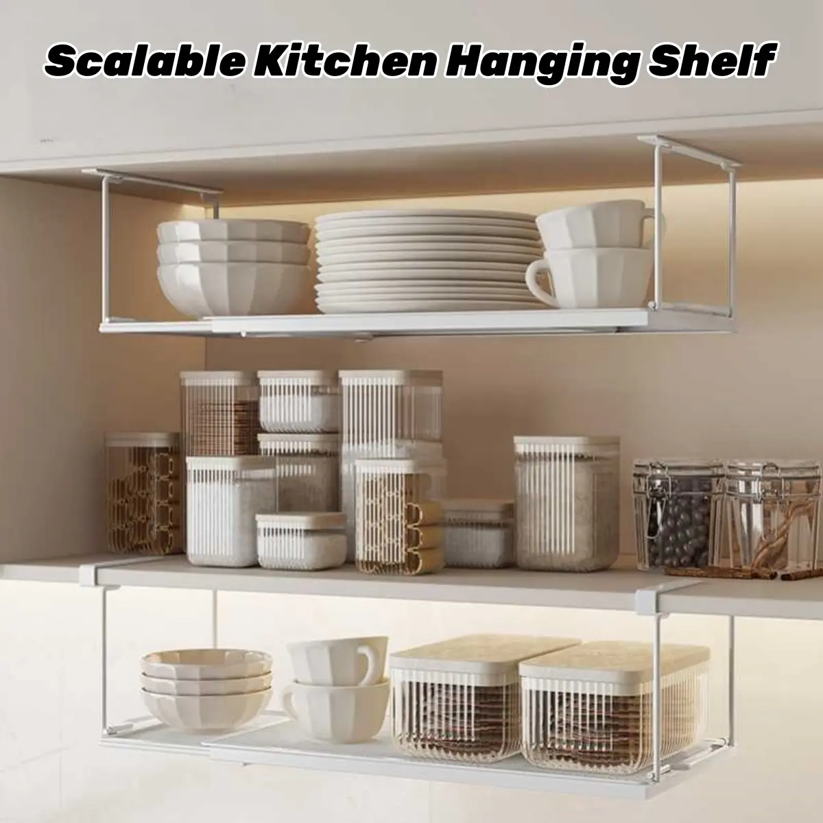 Carbon Steel Hangable Adjustable Cutlery Organizer - Shelf Hanger with Scalable Size, Easy Access, Space-Saving Design for Hanging Cabinet Kitchen Tableware Storage